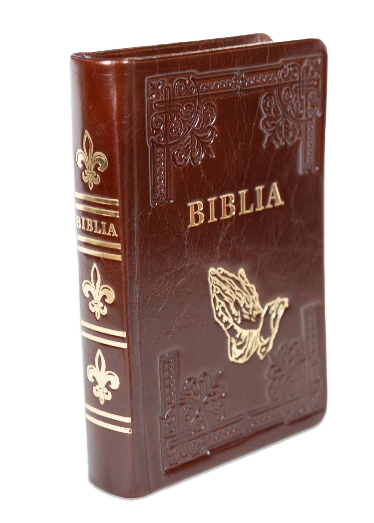 Biblia din piele, handmade, marime medie, culoare maro inchis, simbol maini in rugaciune, margini aurii cu index, cuv. lui Isus cu rosu [057 HM]