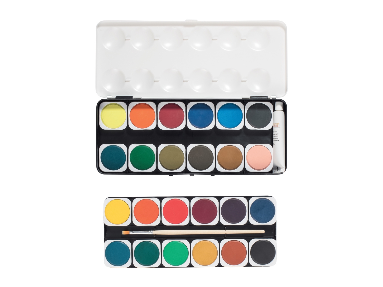 Acuarele lavabile, 24 culori cu alb corector + 1 pensula din lemn Acuarele lavabile, 24 culori cu alb corector + 1 pensula din lemn