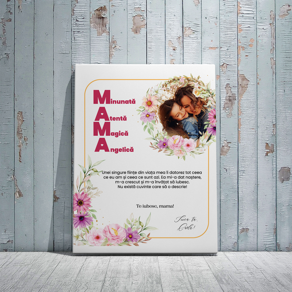 Tablou canvas personalizat cu poză și nume – Te iubesc, mama!