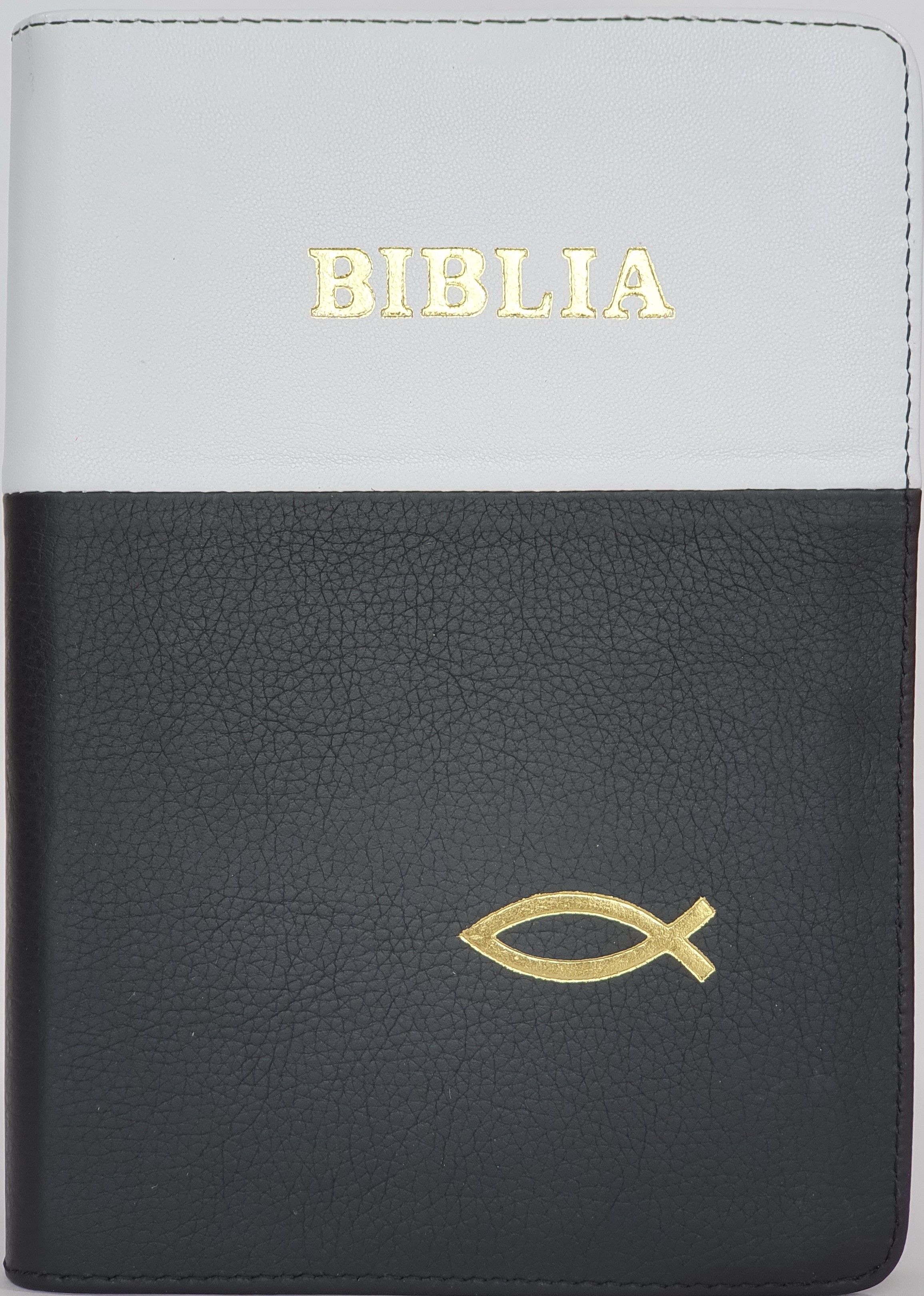 Biblie din piele, marime medie, culoare alb cu negru, simbol peste, fermoar, index, margini aurii, cuv. lui Isus cu rosu [SB 057 PFI]