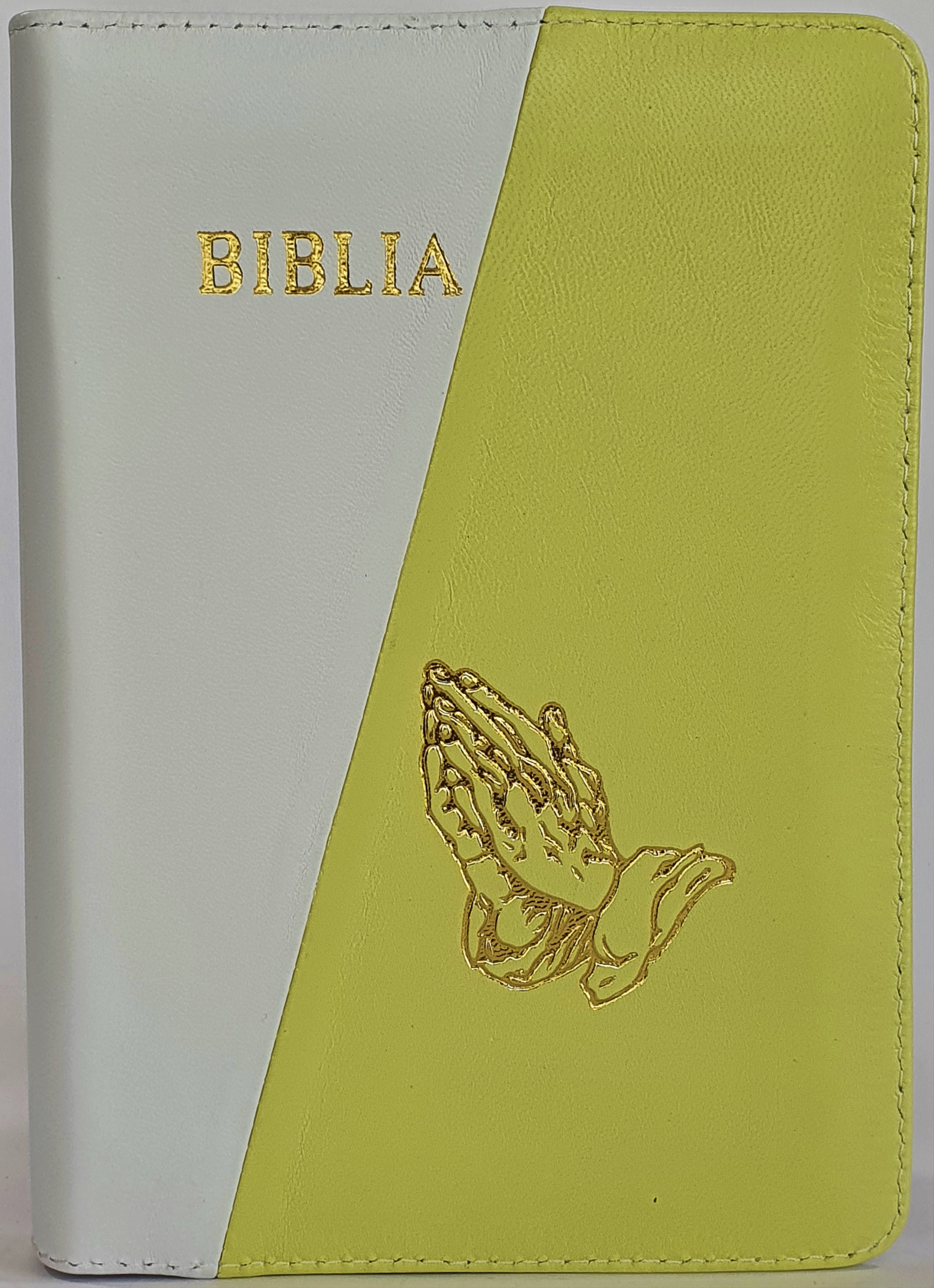 Biblie din piele, marime medie, culoare alb cu verde deschis,simbol maini in rugaciune,fermoar, index, margini aurii, cuv. lui Isus cu rosu [SB 057 PFI]
