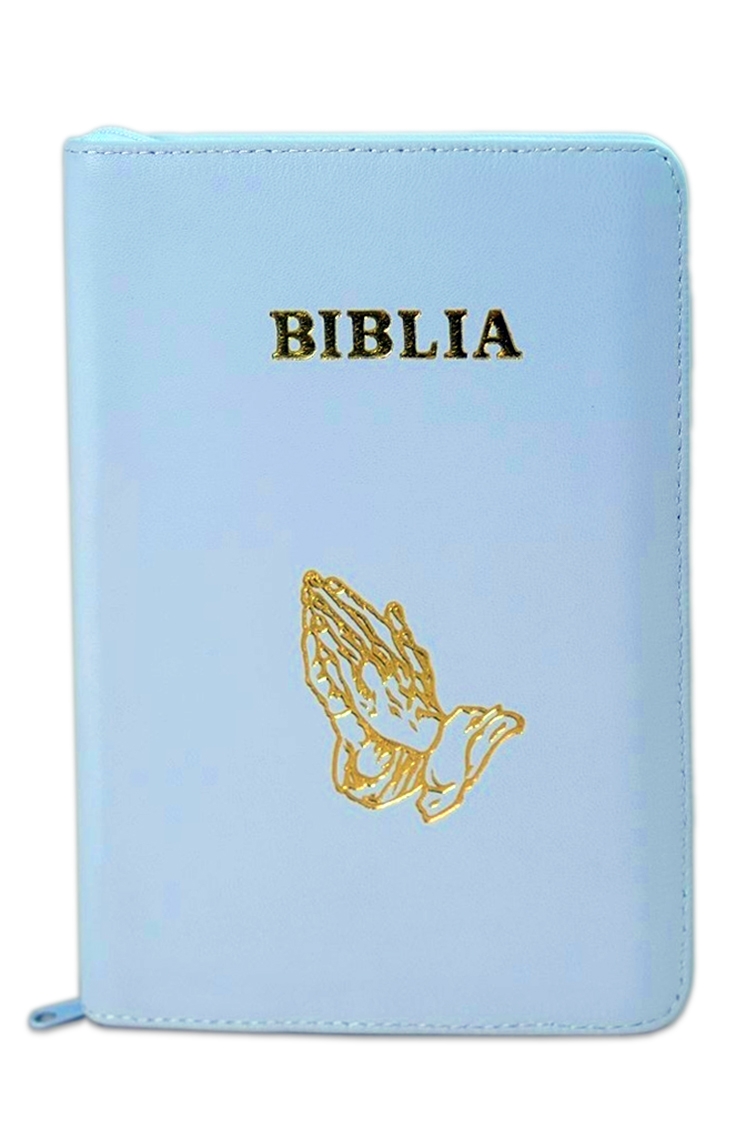 Biblia din piele, marime medie,culoare alba,margini albe, simbol maini in rugaciune, cuv. lui Isus cu rosu [053]