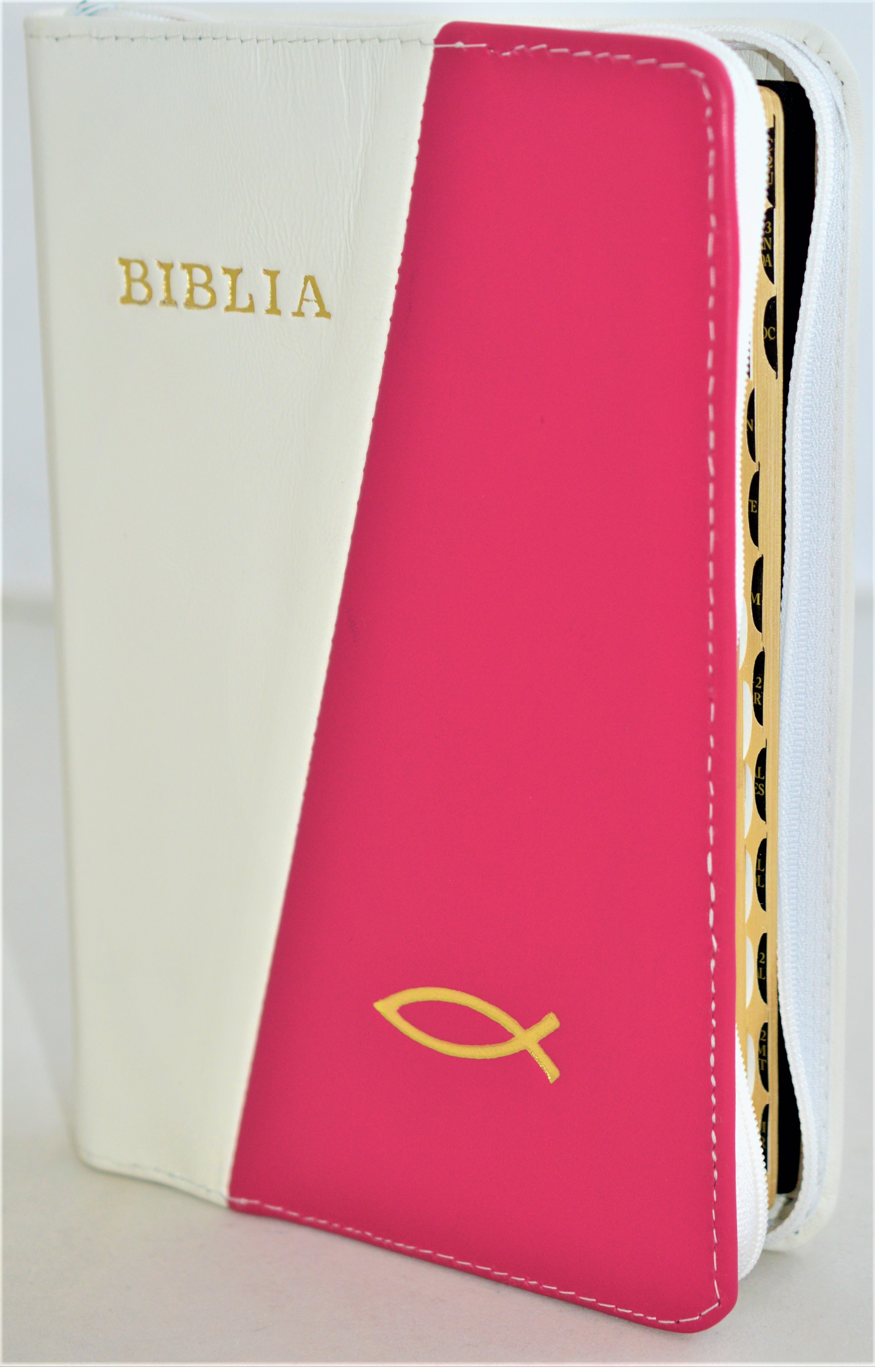 Biblie din piele, marime medie, culoare alba / roz bombon, simbol peste, fermoar, index, margini aurii, cuv. lui Isus cu rosu [SB 057 PFI]