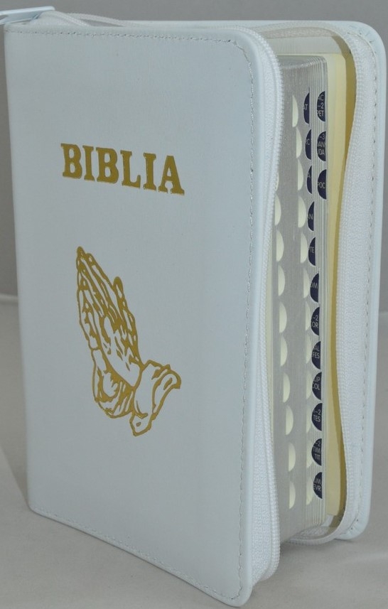 Biblie marime mica, piele,culoare alb, index, fermoar, margini aurii, cuv. lui Isus in rosu,simbol maini in rugaciune [047 PFI]