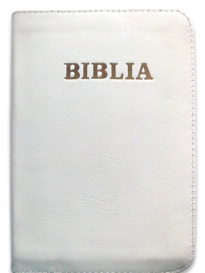 Biblie mare, piele, culoare alba, fermoar, index, margini argintii, simbol simpla, cuv. Isus cu rosu [SI 073 PFI]