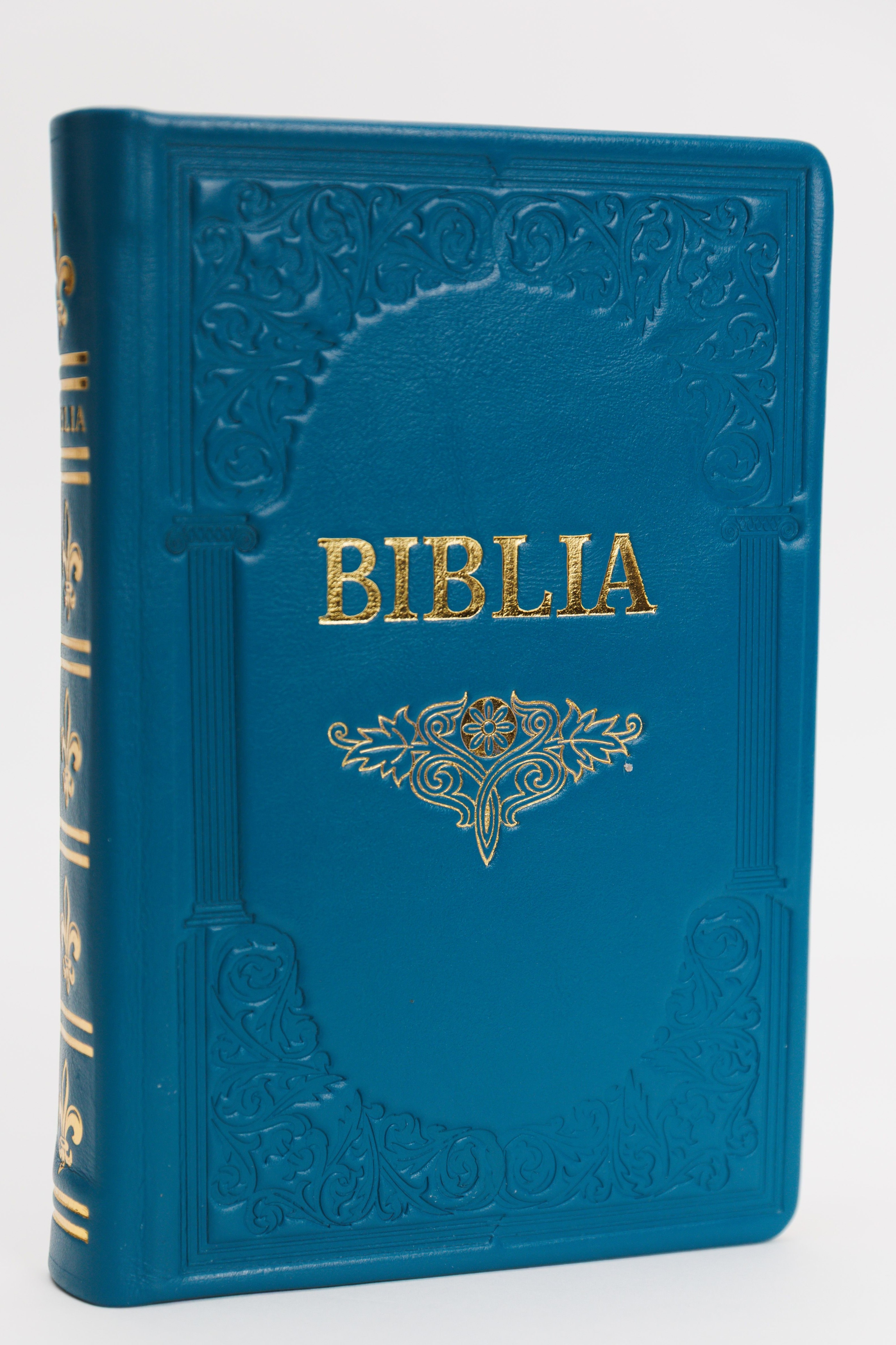 Biblie mare, piele, handmade, albastru turcoaz, index, margini aurii,  cuv. Isus cu rosu [SI 076 HM]