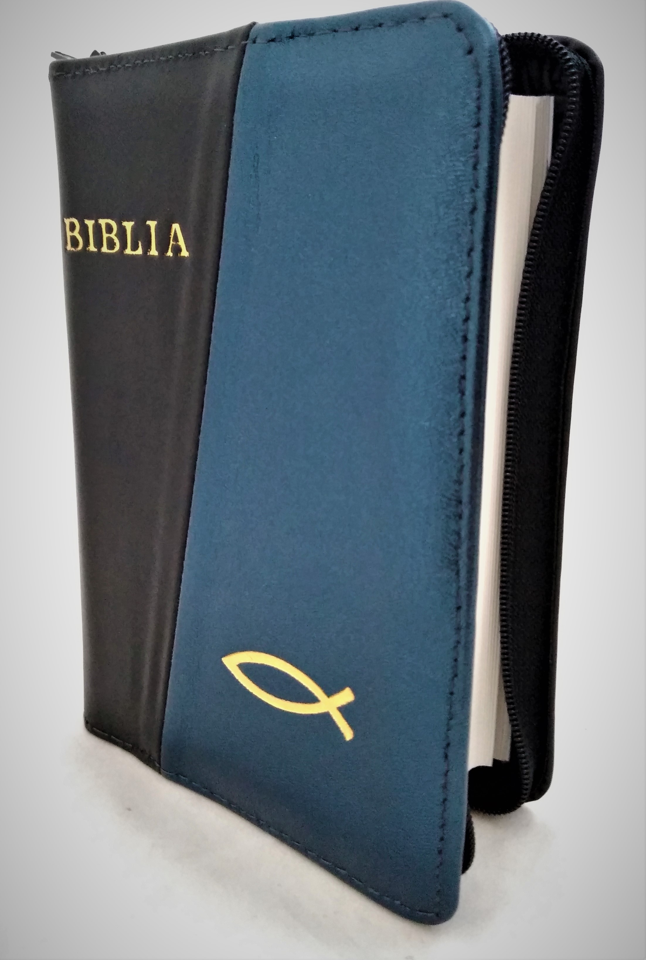Biblie din piele, mica, negru / bleumarin sidefat, fermoar, margini albe, simbolul peste, cuv. lui Isus in rosu [043 PF]
