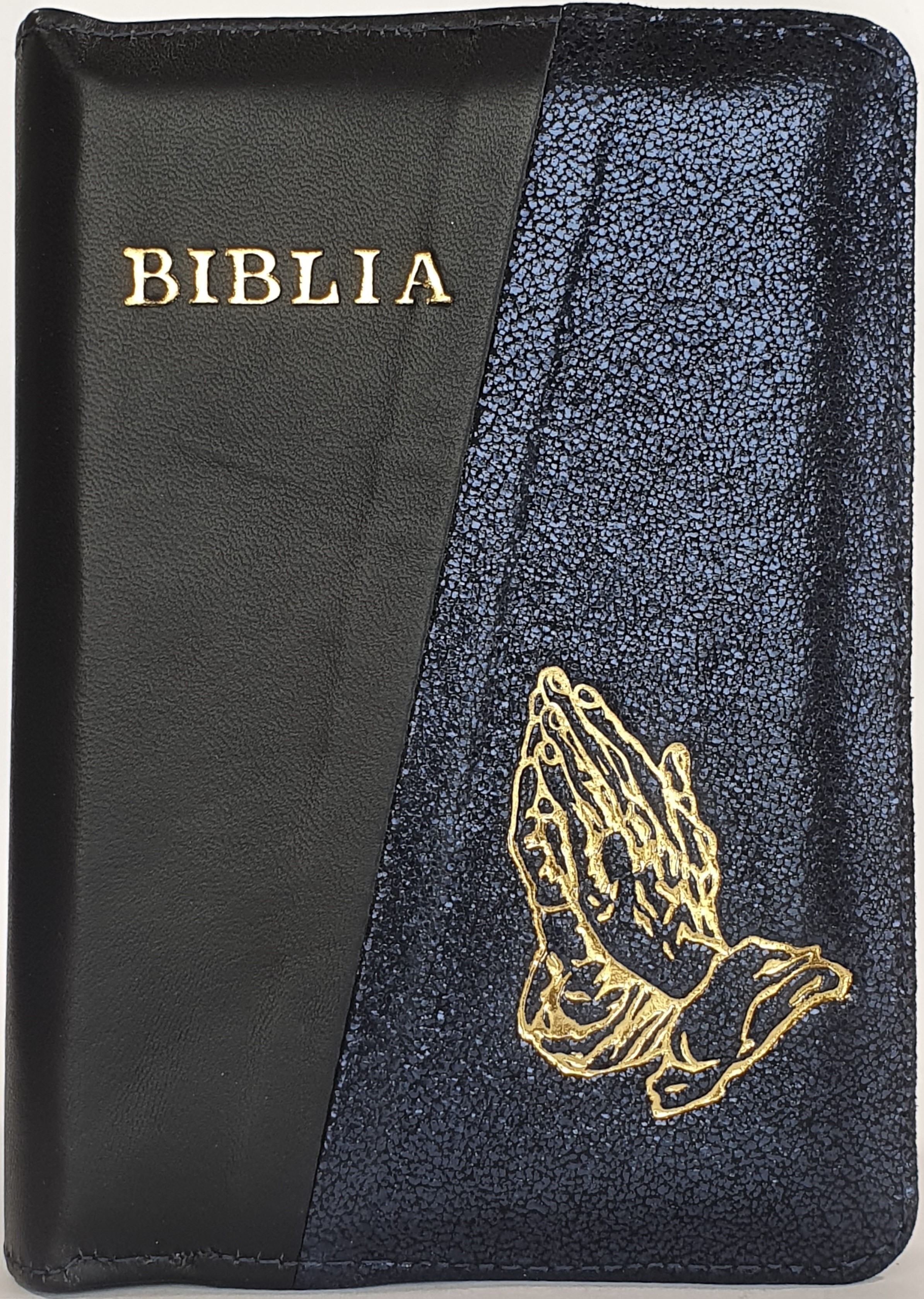 Biblie marime mica, piele,culoare negru cu albastru inchis sidefat, index, fermoar, margini aurii, cuv. lui Isus in rosu,simbol maini in rugaciune[047 PFI]