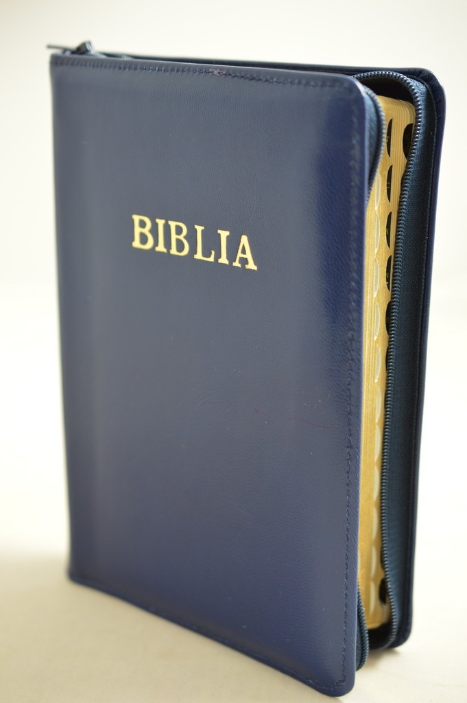 Biblie marime mica, piele,culoare albastru, index, fermoar, margini aurii, cuv. lui Isus in rosu,[047 PFI]