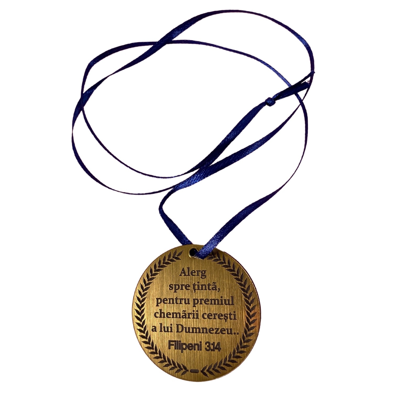 Medalie ABS gravata, aurie, cu mesaj crestin, panglica albastră - Alerg spre țintă