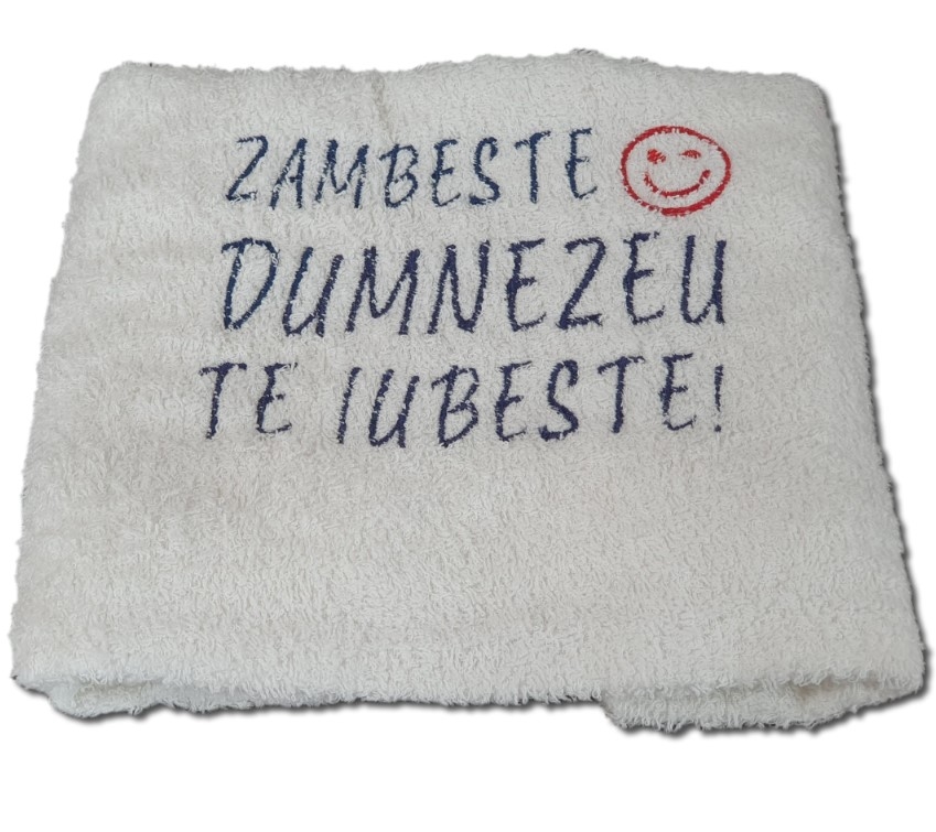 Prosop brodat - Zambeste! Dumnezeu te iubeste (crem) Prosop brodat - Zambeste! Dumnezeu te iubeste (crem)