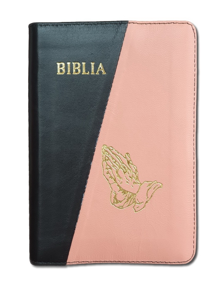 Biblie din piele, marime medie, culoare negru cu roz pal, fermoar, maini in rugaciune, cuv. lui Isus cu rosu [053]