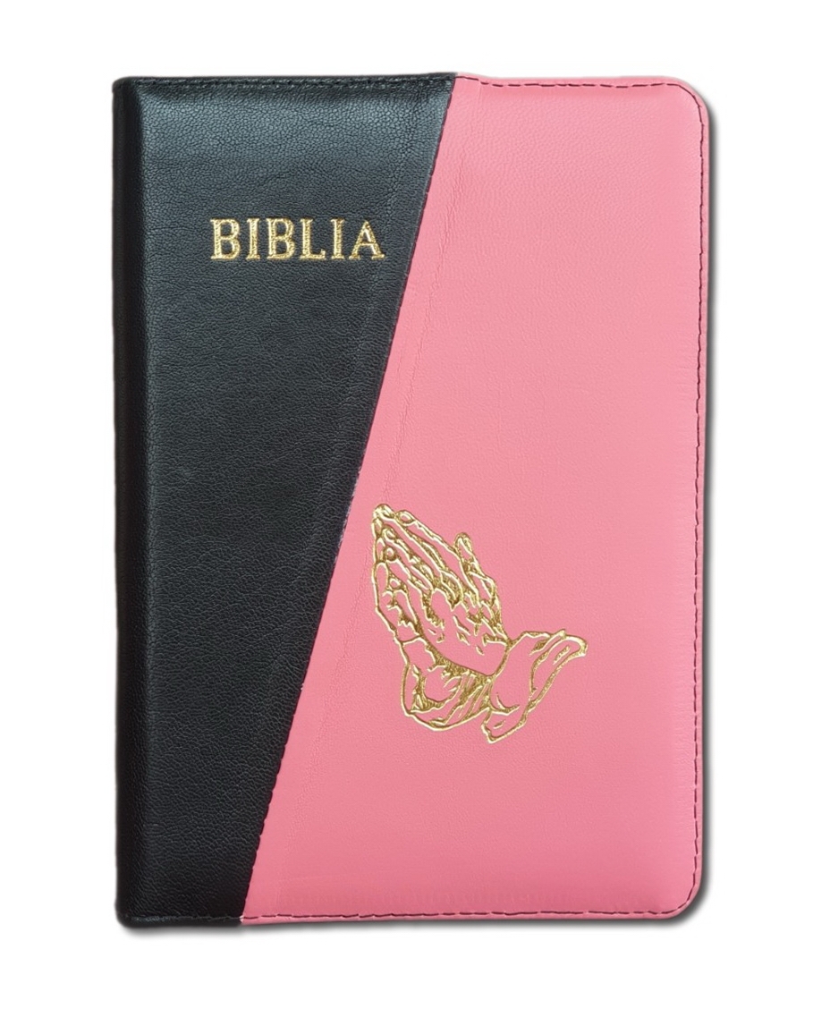 Biblie din piele, marime medie, culoare negru cu roz, fermoar, maini in rugaciune, cuv. lui Isus cu rosu [053]