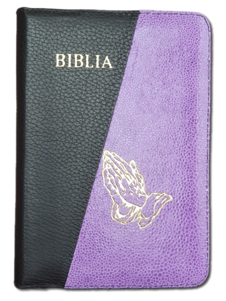 Biblie din piele, marime medie, culoare negru cu mov texturat, fermoar, maini in rugaciune, cuv. lui Isus cu rosu [053]