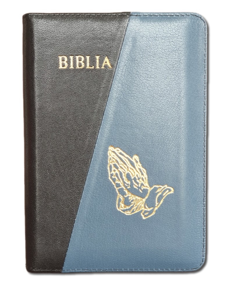 Biblie din piele, marime medie, culoare negru cu albastru mineral, fermoar, maini in rugaciune, cuv. lui Isus cu rosu [053]