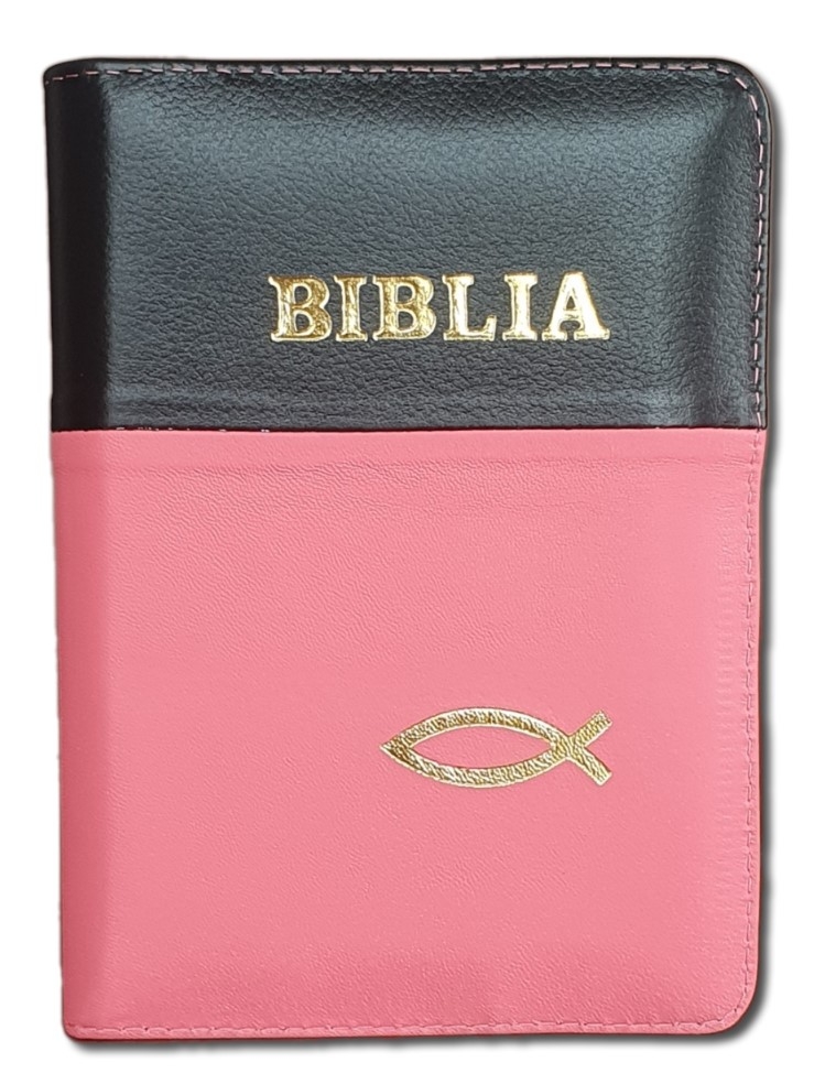 Biblie din piele,  marime mica, negru cu roz, fermoar, margini albe,simbol peste, cuv. lui Isus in rosu [043 PF]