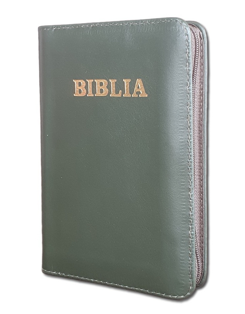 Biblie din piele,marime mica, culoare verde inchis, fermoar, margini albe, cuv. lui Isus in rosu [043 PF]