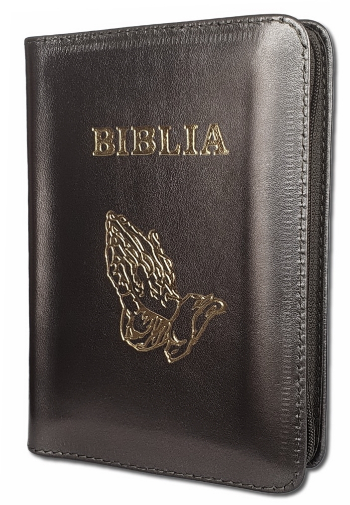 Biblie din piele,marime mica, culoare maro sidefat , fermoar, margini albe, simbolul maini in rugaciune, cuv. lui Isus in rosu [043 PF]
