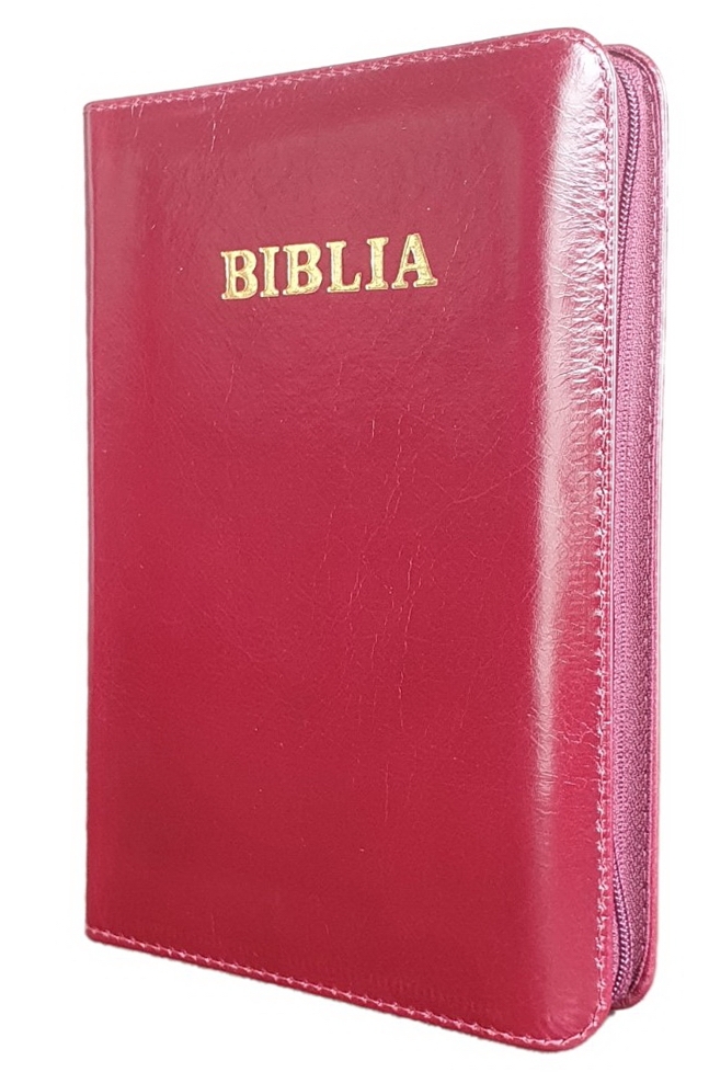 Biblia din piele, marime medie, culoare visiniu lucios, fermoar,margini albe, cuv. lui Isus cu rosu [053]