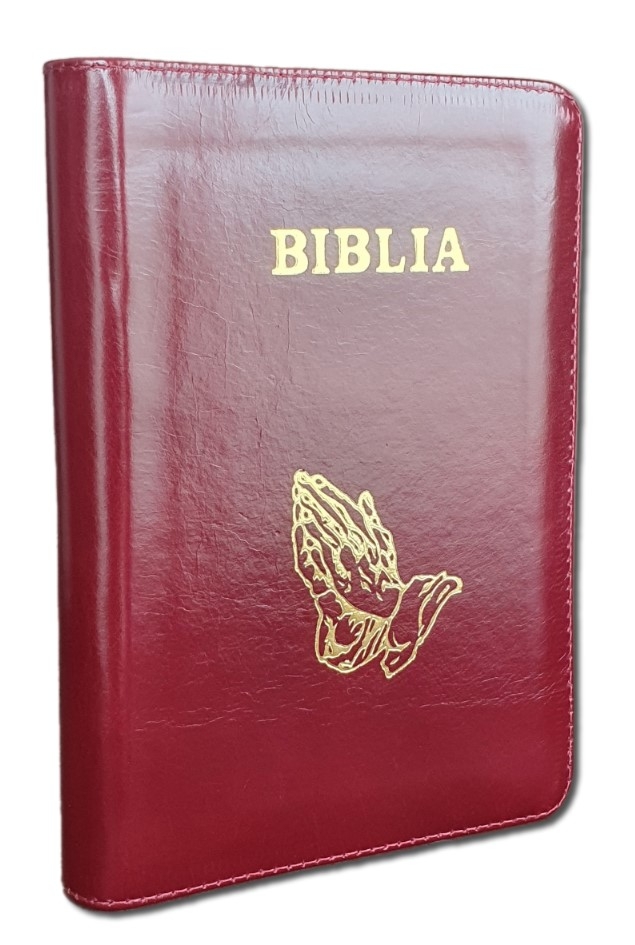 Biblia format mic, din piele, culoare visiniu lucios , index, fermoar, margini argintii,simbolul maini in rugaciune, cuv. lui Isus in rosu [047 PFI]