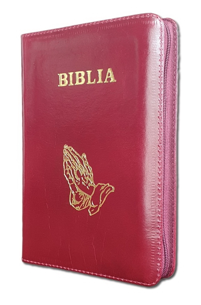 Biblia din piele, marime medie, culoare visiniu lucios, fermoar,margini albe,simbol maini in rugaciune, cuv. lui Isus cu rosu [053]