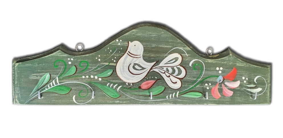 Cuier, suport chei - din lemn cu model cu pasare si flori, verde inchis (31x10cm) Cuier, suport chei - din lemn cu model cu pasare si flori, verde inchis (31x10cm)
