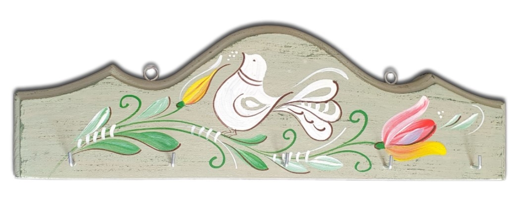 Cuier, suport chei - din lemn cu model cu pasare si flori, verde deschis (31x10cm) Cuier, suport chei - din lemn cu model cu pasare si flori, verde deschis (31x10cm)