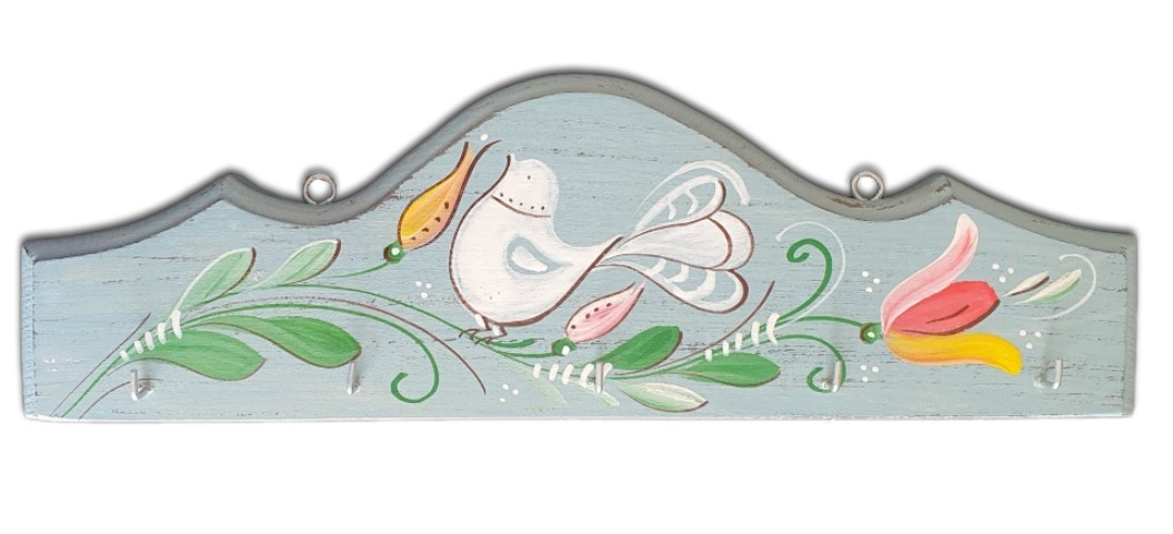 Cuier, suport chei - din lemn cu model cu pasare si flori, albastru (31x10cm) Cuier, suport chei - din lemn cu model cu pasare si flori, albastru (31x10cm)