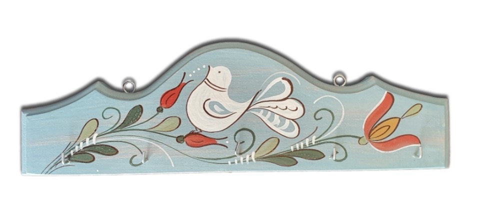 Cuier, suport chei - din lemn cu model cu pasare si flori, albastru (31x10cm) Cuier, suport chei - din lemn cu model cu pasare si flori, albastru (31x10cm)