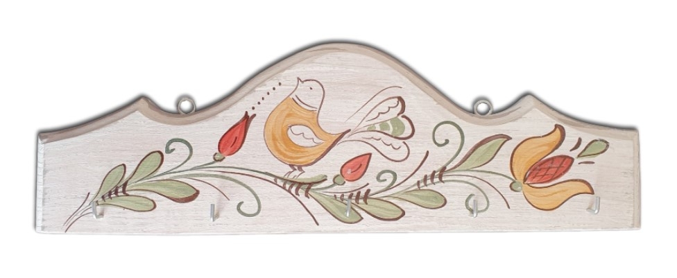 Cuier, suport chei - din lemn cu model cu pasare si flori, alb (31x10cm) Cuier, suport chei - din lemn cu model cu pasare si flori, alb (31x10cm)