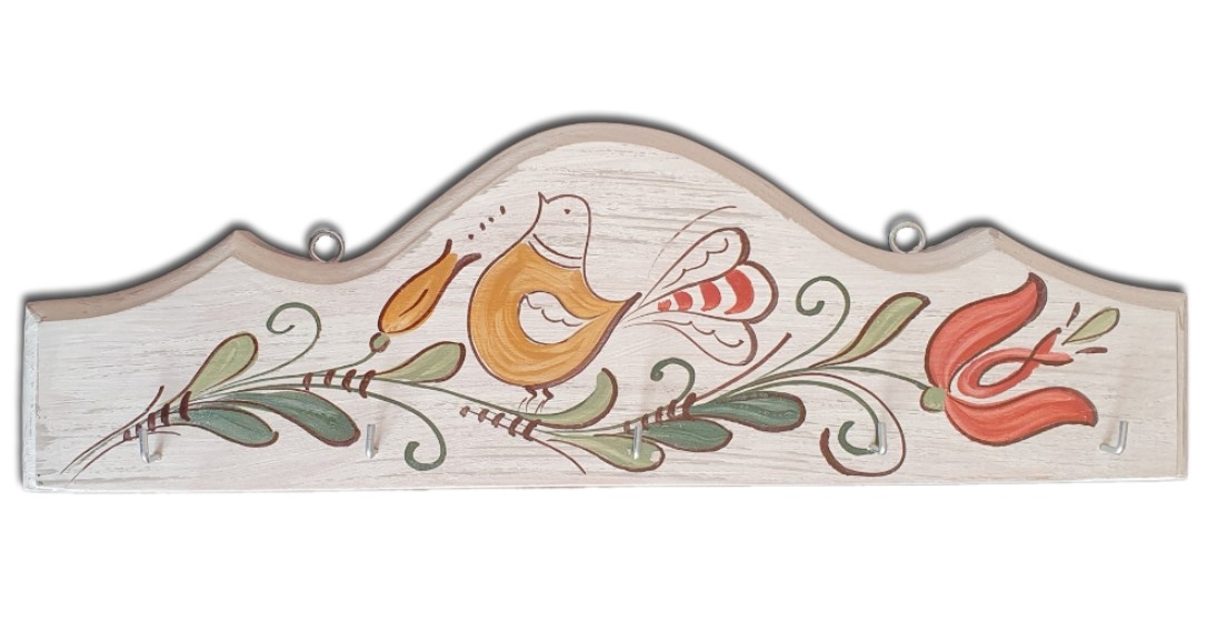 Cuier, suport chei - din lemn cu model cu pasare si flori, alb (31x10cm) Cuier, suport chei - din lemn cu model cu pasare si flori, alb (31x10cm)
