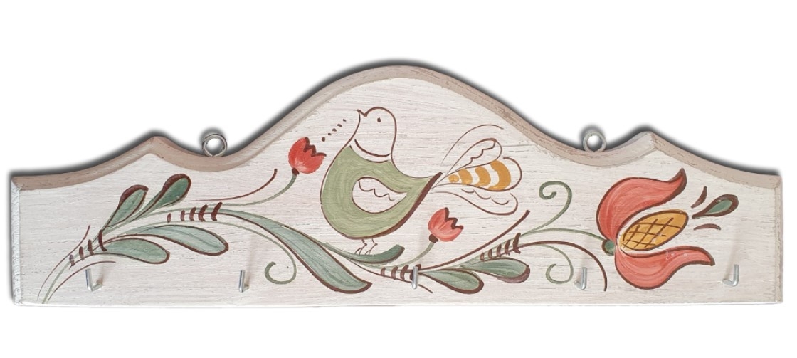 Cuier, suport chei - din lemn cu model cu pasare si flori, alb (31x10cm) Cuier, suport chei - din lemn cu model cu pasare si flori, alb (31x10cm)