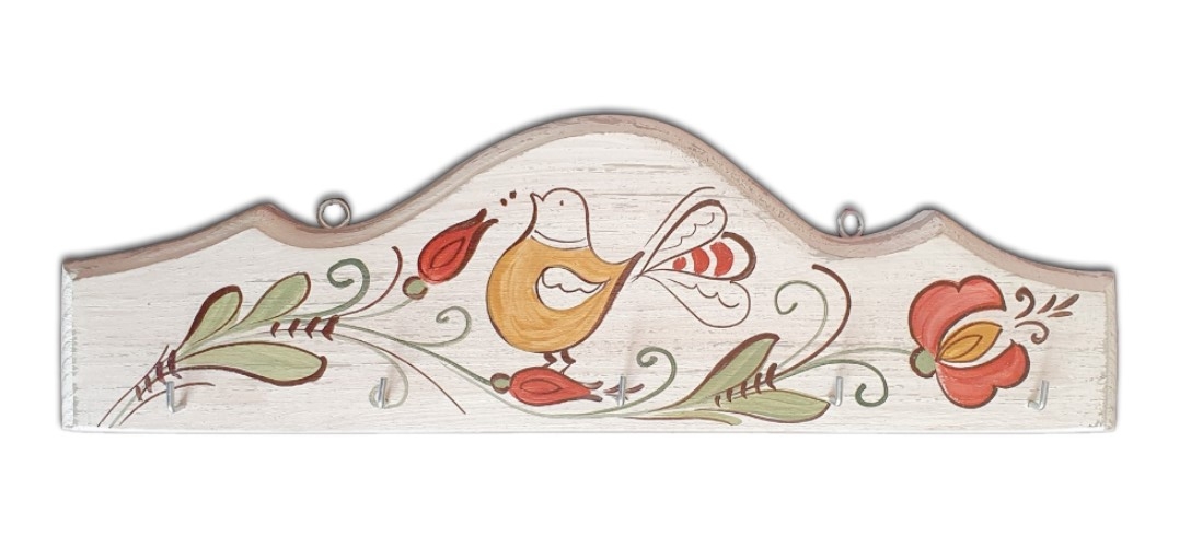 Cuier, suport chei - din lemn cu model cu pasare si flori, alb (31x10cm) Cuier, suport chei - din lemn cu model cu pasare si flori, alb (31x10cm)