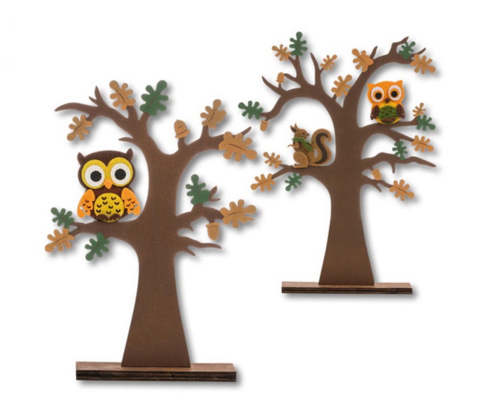 Decoratiune de lemn - Stejari cu bufnite si veverita (2buc.)