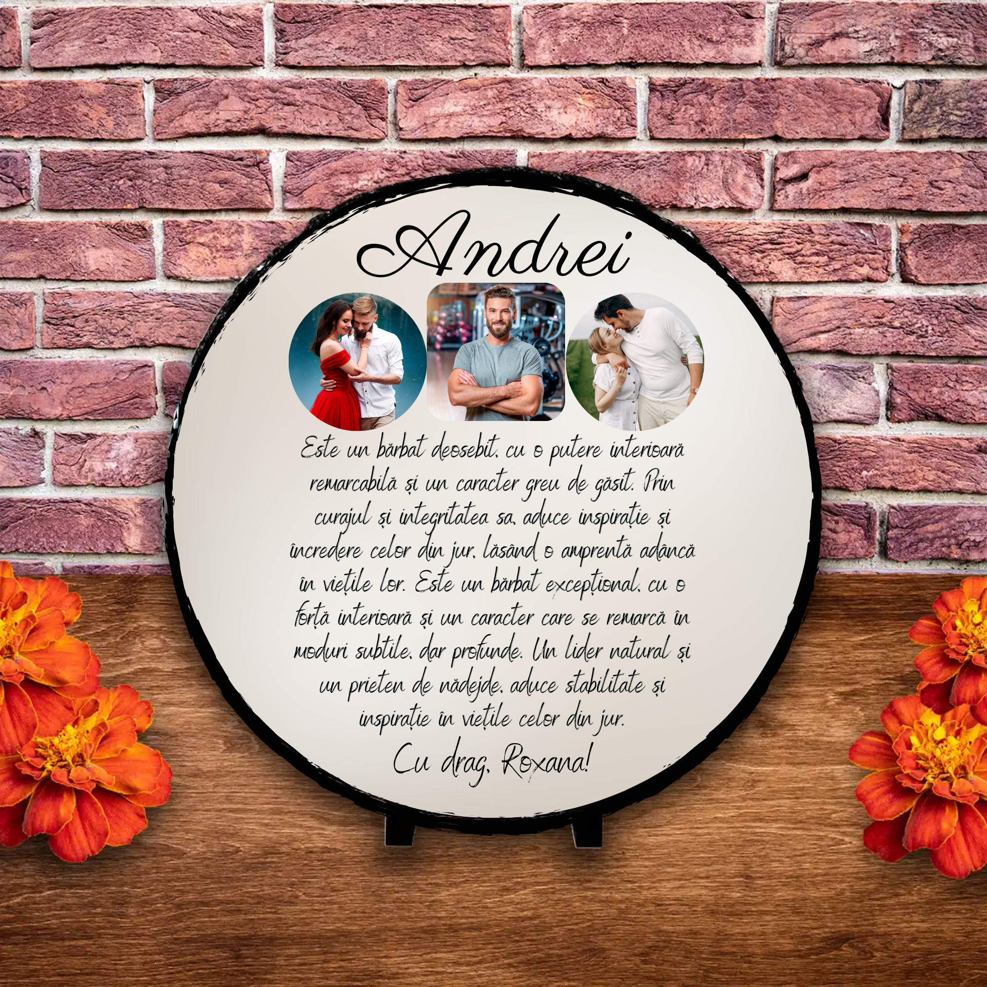 Placă ardezie personalizată cu 3 poze, nume și text