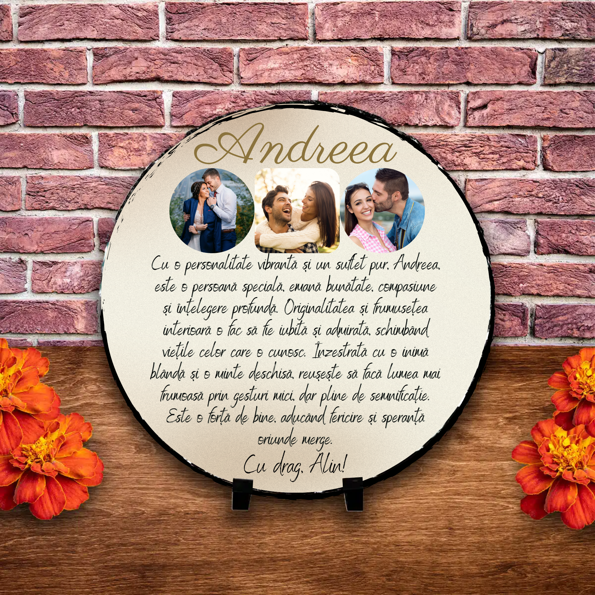 Placă ardezie personalizată cu 3 poze, nume și text