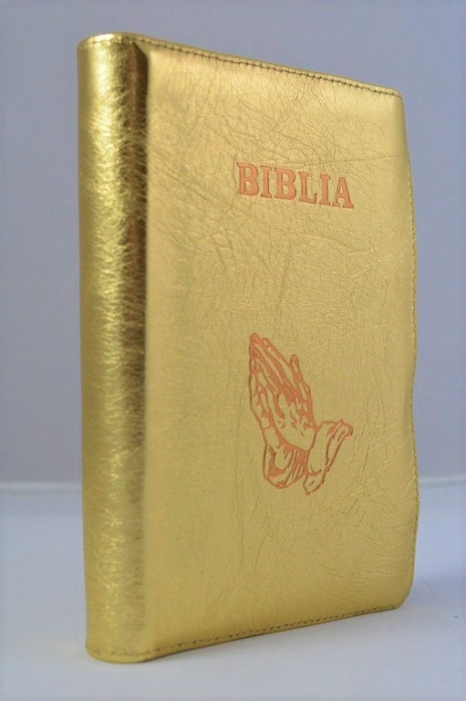 Biblia format mic, din piele, culoare auriu sidefat, index, fermoar, margini argintii, simbol maini in rugaciune, cuv. lui Isus in rosu [047 PFI]