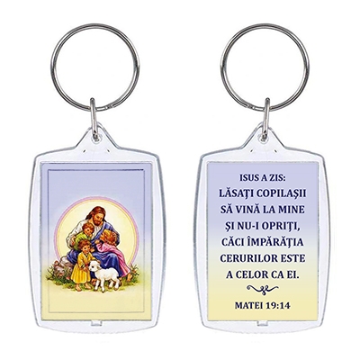 Breloc cu verset - "Isus a zis: „Lăsaţi copilaşii să vină la Mine şi nu-i opriţi, căci Împărăţia cerurilor este a celor ca ei.”