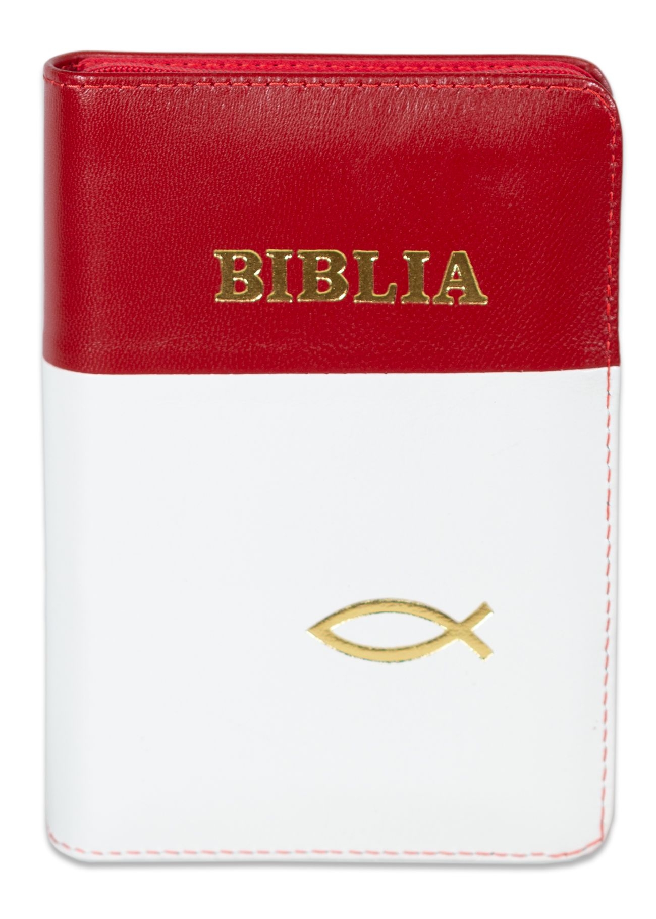 Biblia format mic, din piele, culoare rosu cu alb, dex, fermoar, margini argintii, simbol cu peste, cuv. lui Isus in rosu [047 PFI]