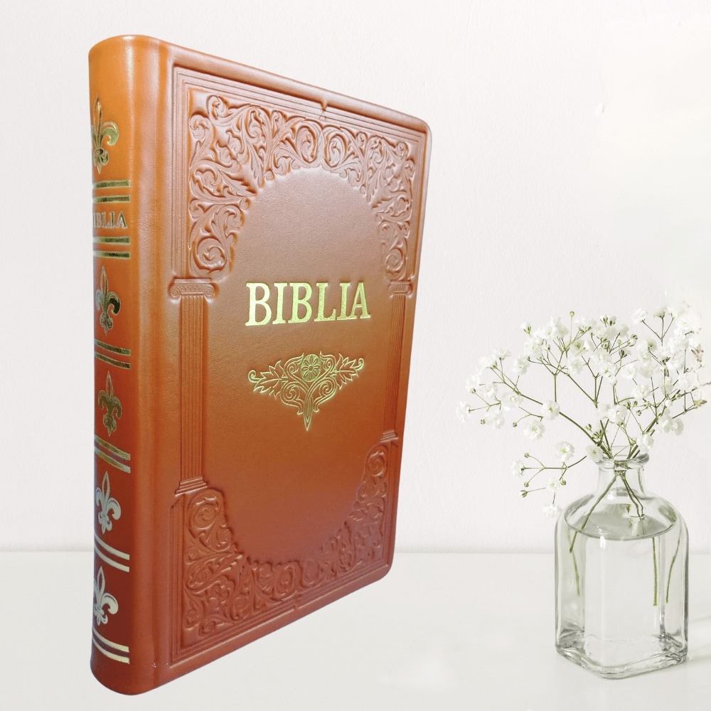 Biblie mare, piele, handmade, maro, index, margini aurii,  cuv. Isus cu rosu [SI 076 HM]