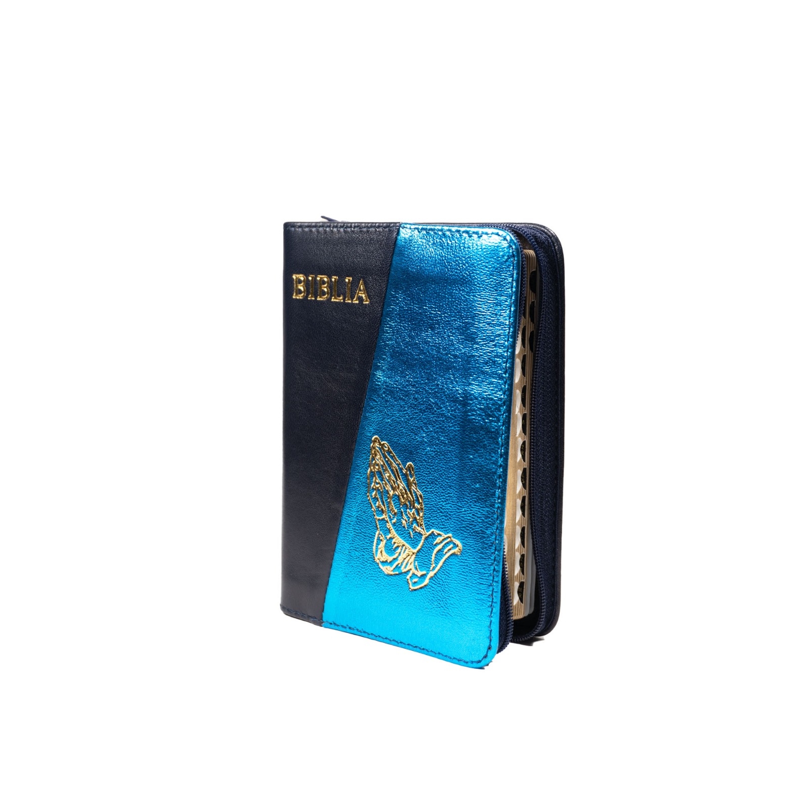 Biblia mica, coperta piele, culoare, negru cu albastru sidefat, index, fermoar, margini aurii,  simbolul maini, cuv. lui Isus in rosu [047 PFI]