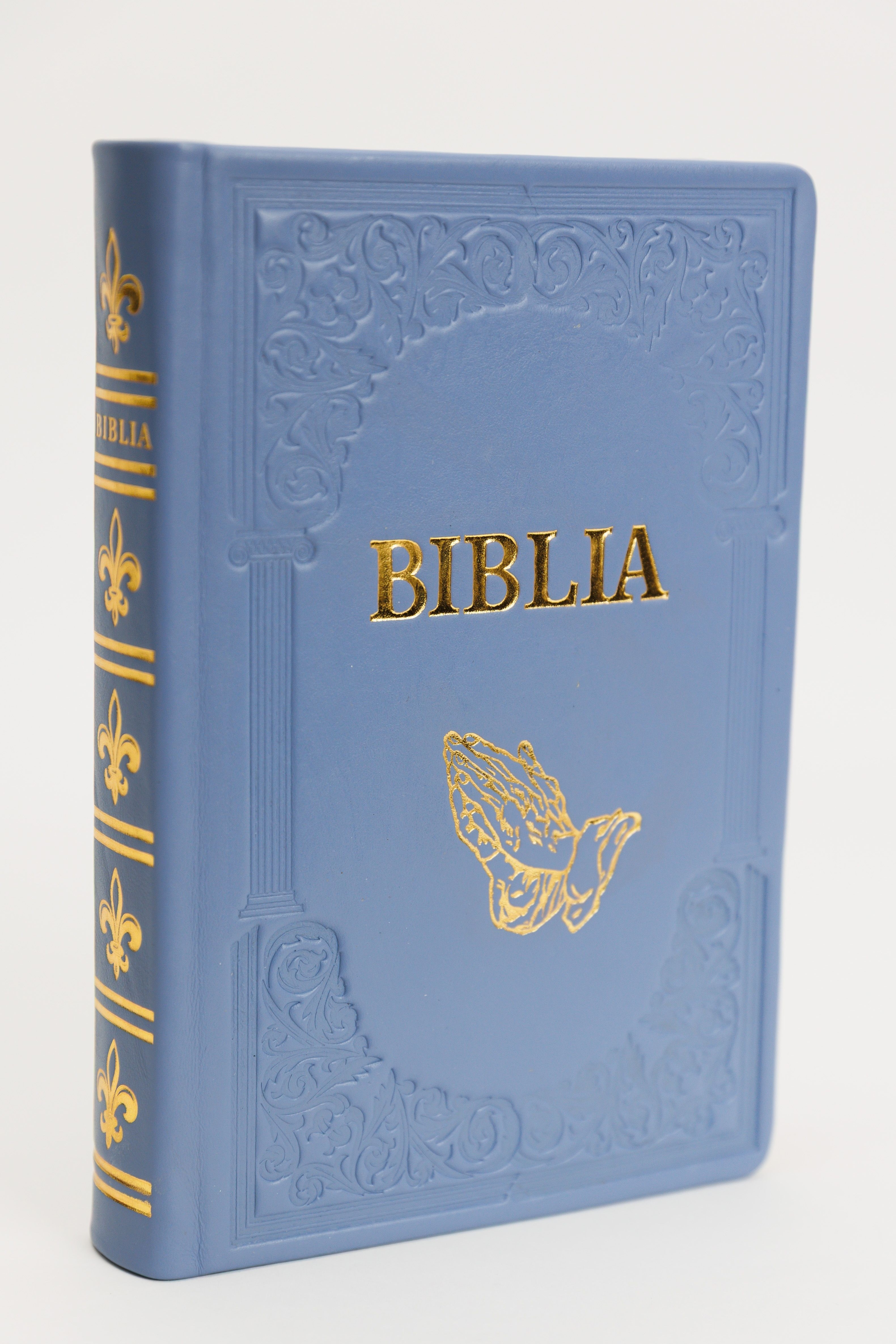 Biblie mare, piele, handmade,  albastru baby blue, simbol mâini în rugăciune, index, margini aurii,  cuv. Isus cu rosu [SI 076 HM]