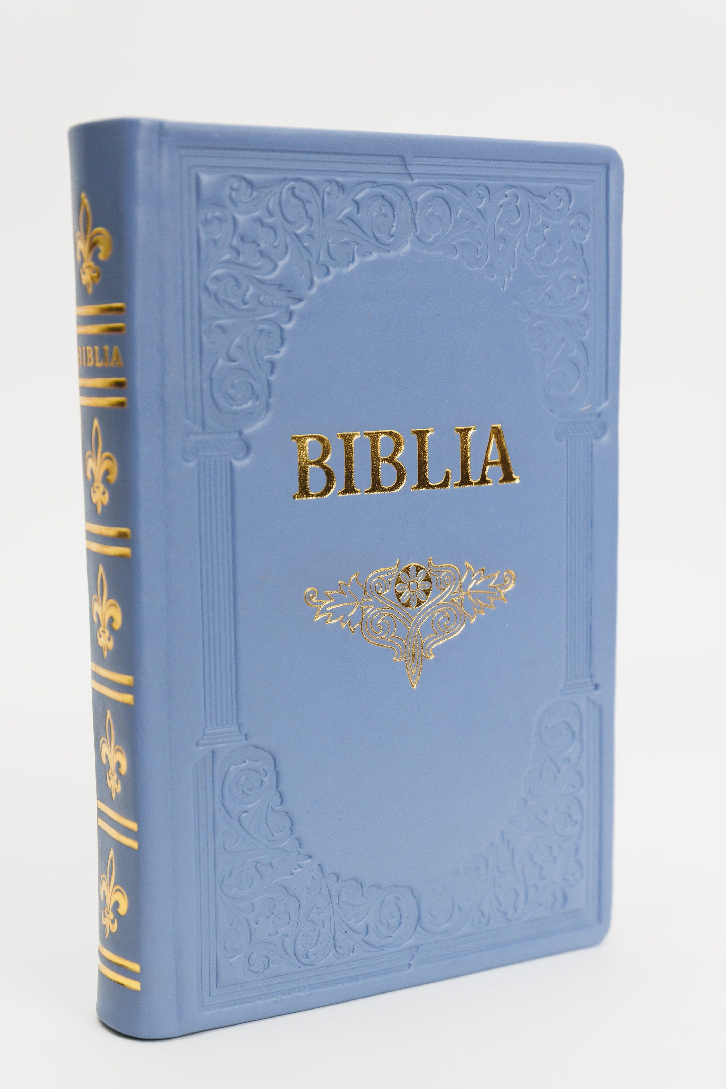 Biblie mare, piele, handmade, albastru baby blue, index, margini aurii,  cuv. Isus cu rosu [SI 076 HM]