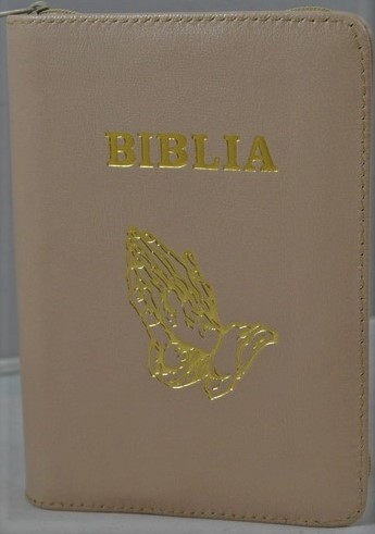 Biblie marime mica, piele,culoare bej, index, fermoar, margini aurii, cuv. lui Isus in rosu,simbol maini in rugaciune [047 PFI]