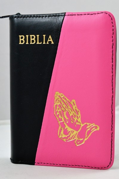 Biblie din piele, marime medie, culoare nuanta negru,roz  bombon, simbol maini in rugaciune, fermoar, index, margini aurii, cuv. lui Isus cu rosu [SB 057 PFI]