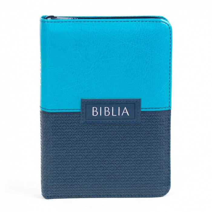 Biblie mica, piele ecologica, albastra, fermoar, index, margini argintii, cuv. lui Isus cu rosu [046 ZTI]