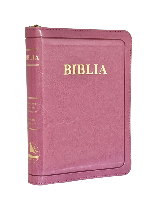 Biblie marime mica, piele ecologica, roz, index, fermoar, margini aurii, cuv. lui Isus in rosu [047 ZTI]