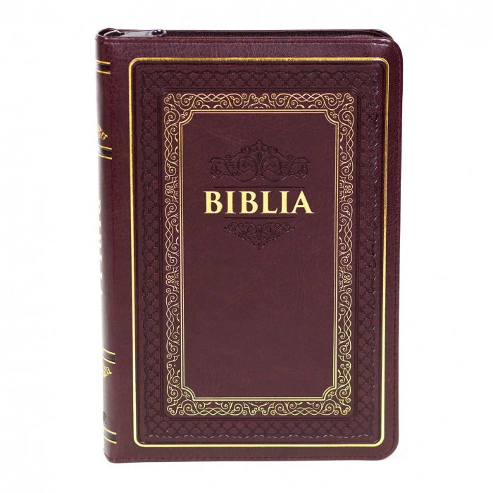 Biblie marime medie, piele ecologică, visinie, fermoar, index, margini aurii, cuv. lui Isus cu rosu [057 S]