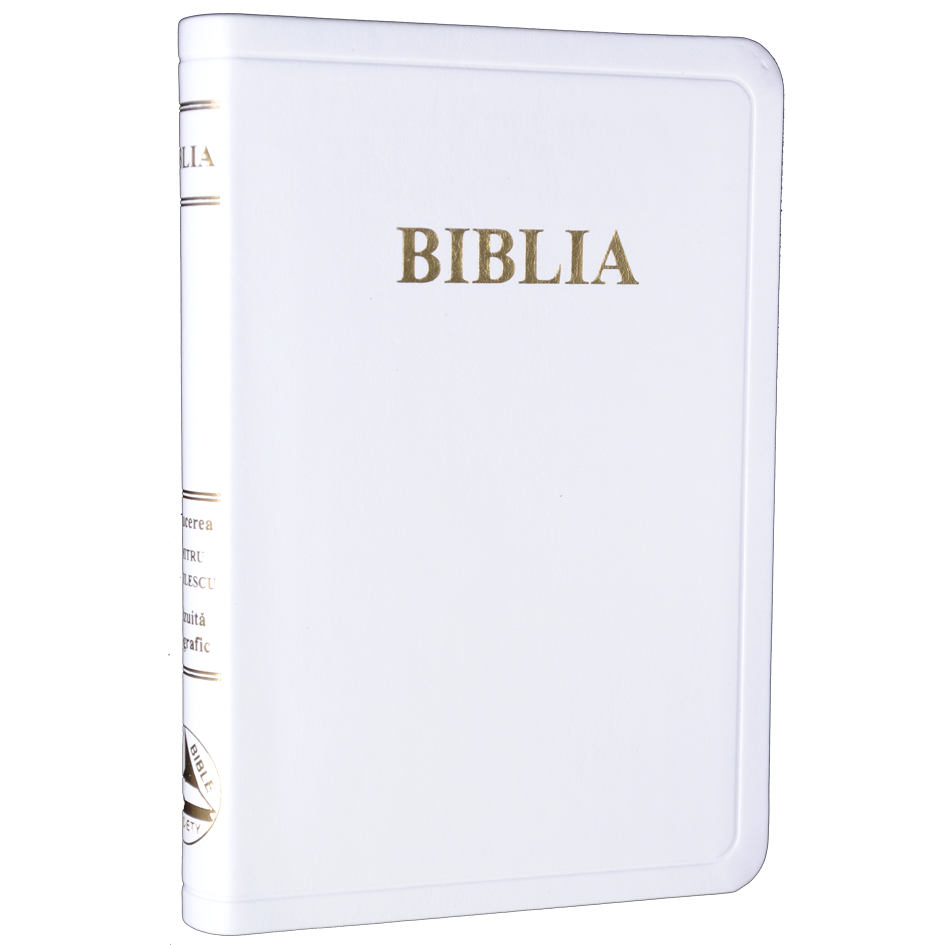 Biblia din piele, marime medie, alba, fara fermoar, margini aurii, cuv. lui Isus in rosu [052 P]