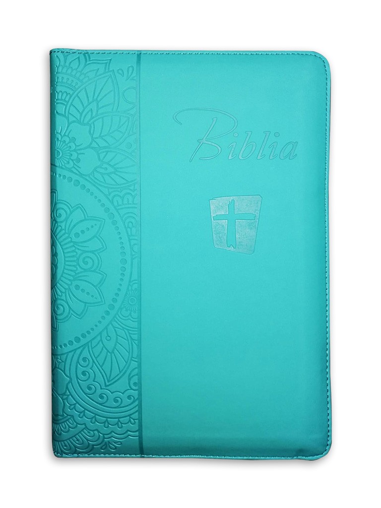 Biblia NTR (Noua Traducere), coperta imitatie piele, turcoaz, fermoar, index, argintata - editia 3 revizuita Biblia NTR (Noua Traducere), coperta imitatie piele, turcoaz, fermoar, index, argintata - editia 3 revizuita